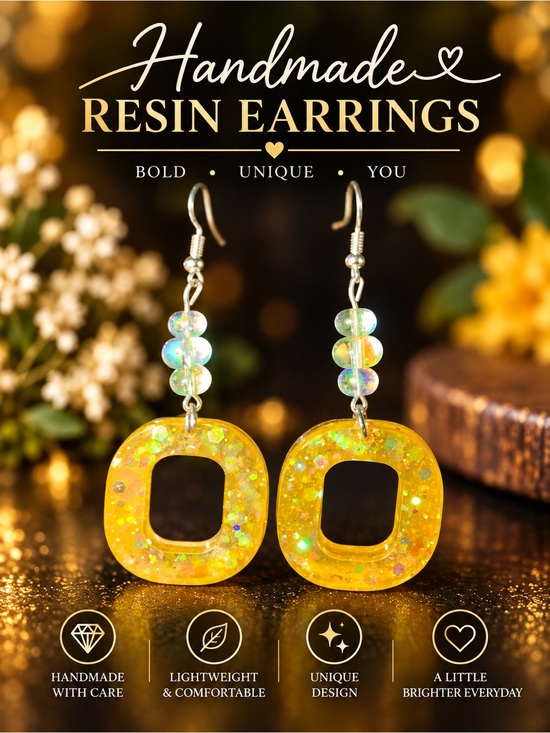 Angel Trumpet LLC Jewelry - Handmade Golden Glitter Resin Square Beaded Dangle Earrings